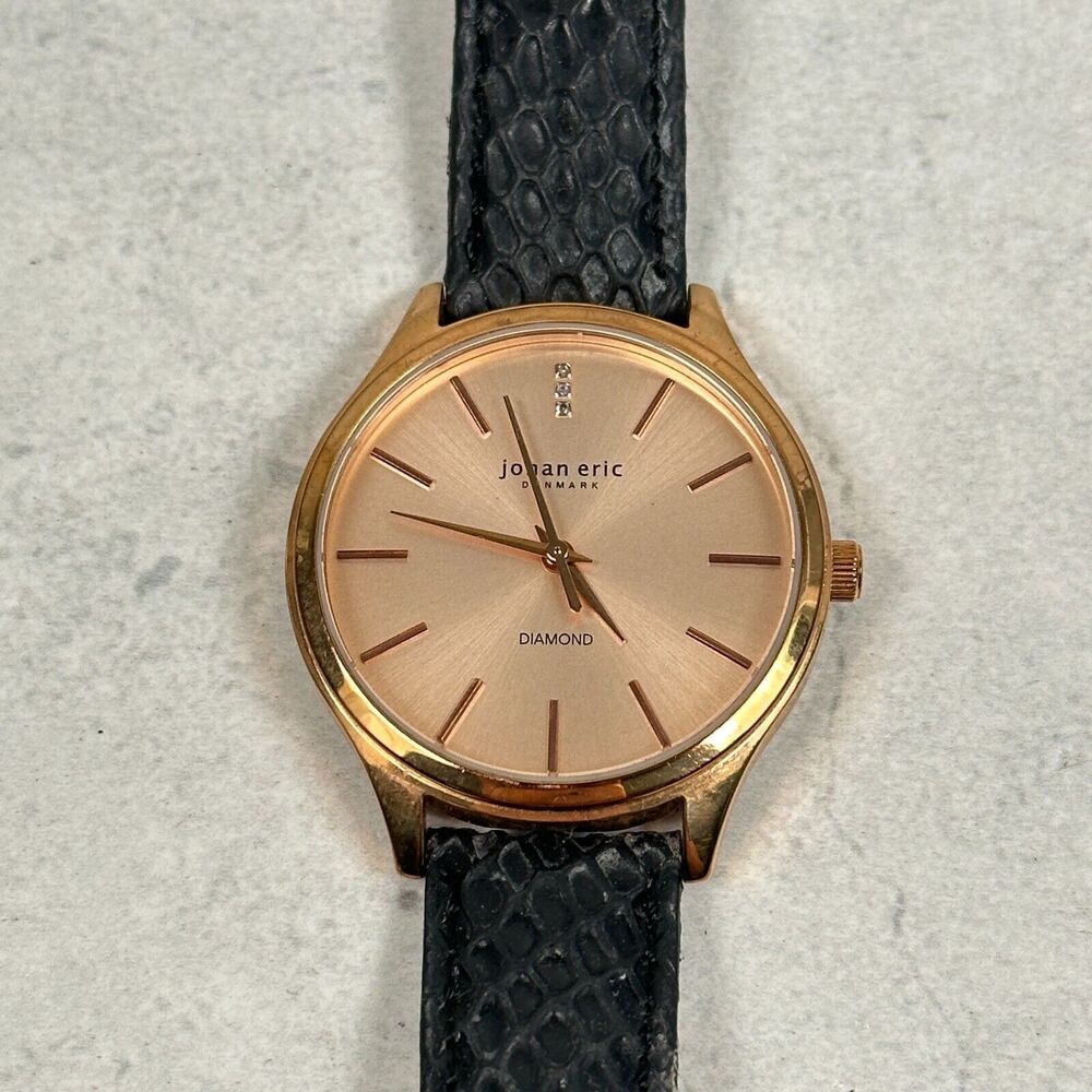 Johan Eric Watch Womens 35mm Gold Tone Black Band Diamond Quartz New Battery